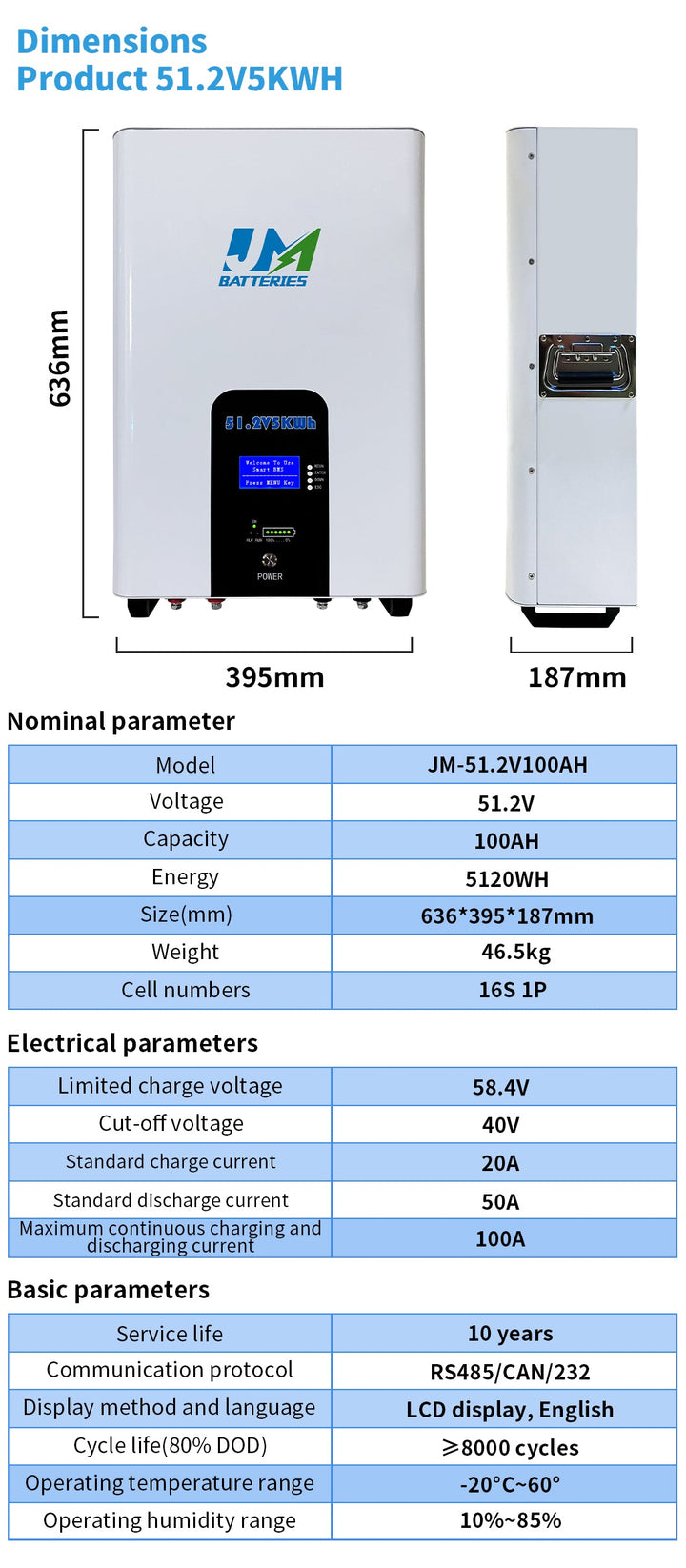 Jm Exported Good Quality 6000 Cycles Wall Mounted LiFePO4 Home Powerwall Battery 48V 51.2V 100ah 5kwh Power Wall for Household Energy Storage Lithium Battery JMBatteries