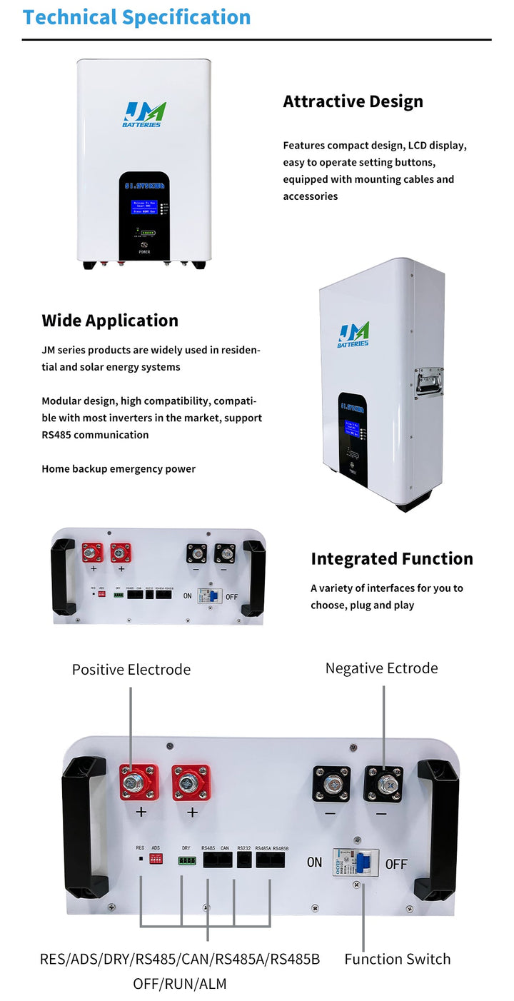 Jm Exported Good Quality 6000 Cycles Wall Mounted LiFePO4 Home Powerwall Battery 48V 51.2V 100ah 5kwh Power Wall for Household Energy Storage Lithium Battery JMBatteries
