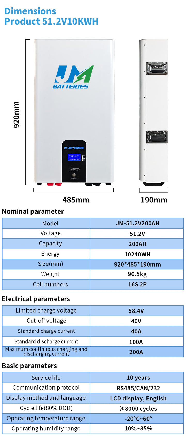 JM 10kwh 51.2V 200ah lifepo4 solar battery 51.2v 200ah lifepo4 wall mount battery JMBatteries