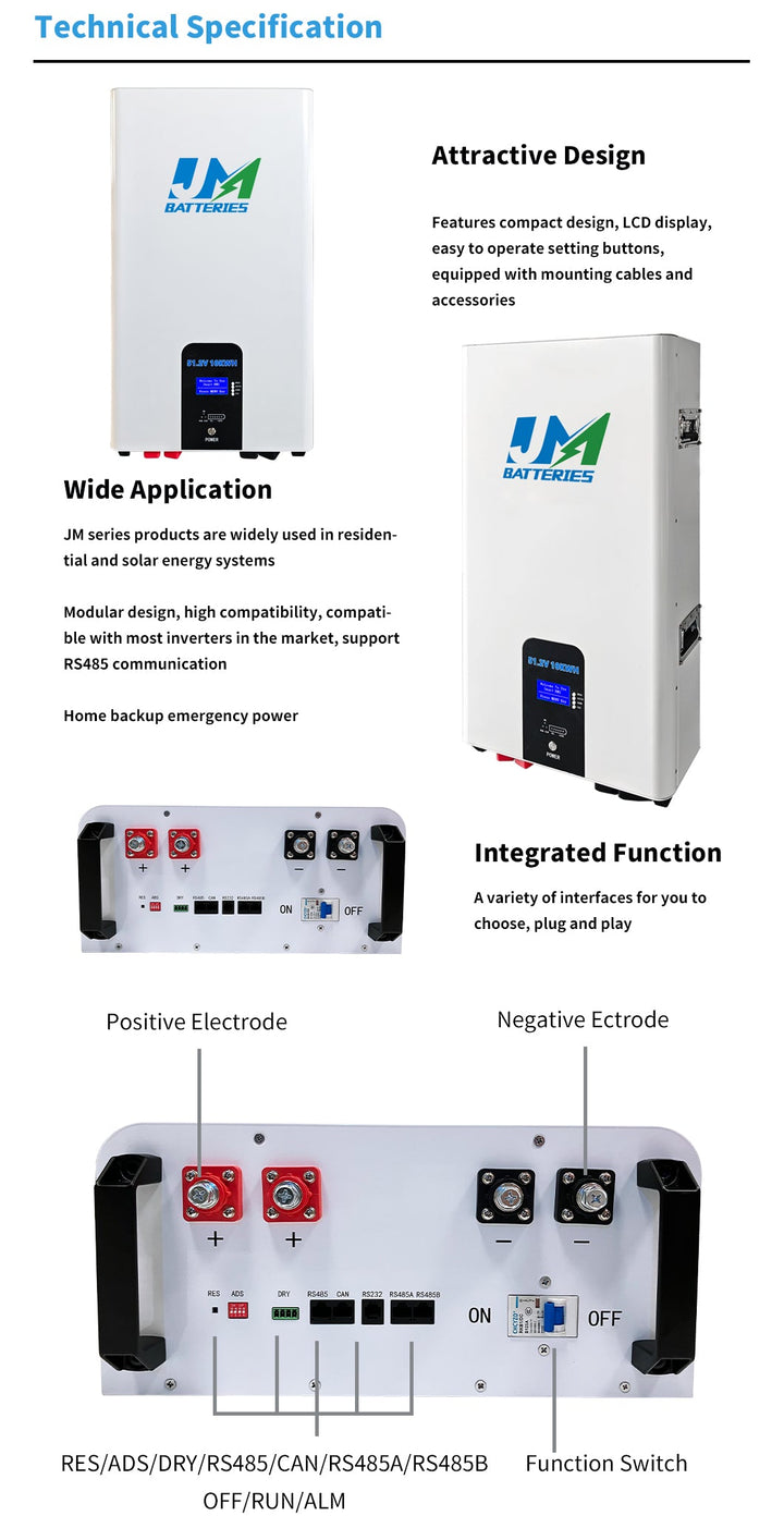 JM 10kwh 51.2V 200ah lifepo4 solar battery 51.2v 200ah lifepo4 wall mount battery JMBatteries